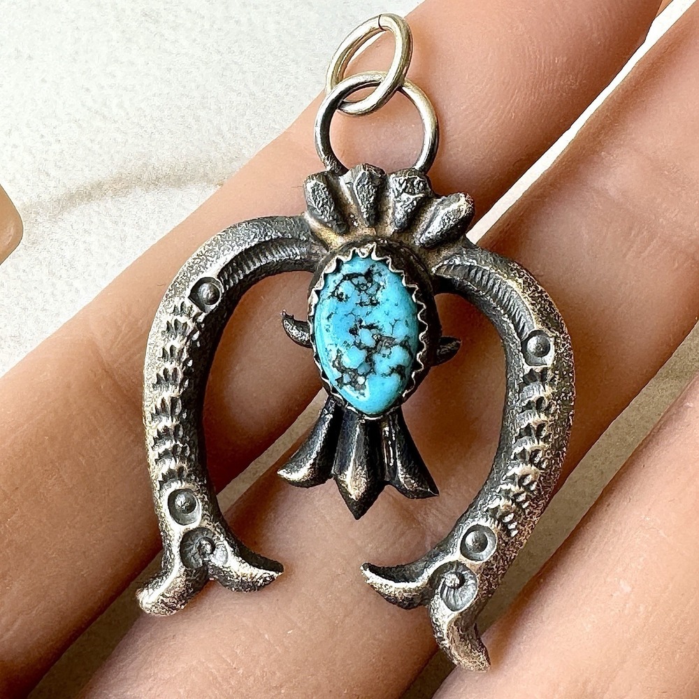 Navajo Naja Pendant Turquoise Nugget 1.75in Small‎ Squash Blossom Signed Billah
